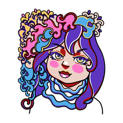 Young woman portrait surrounded by swirling decorative floral elements