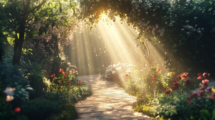 Fototapeta premium A sunlit garden path surrounded by blooming flowers and lush greenery, creating a serene atmosphere filled with natural beauty.