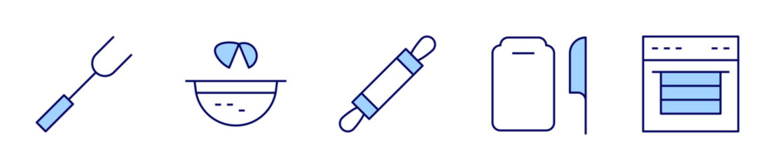 rolling pin, fork, cutting board, oven, egg. Utensil Icon vector illustration. Line Duotone style. Editable stroke