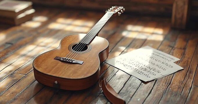 Acoustic guitar rests on wooden floor near sheet music. Warm lighting creates a peaceful, nostalgic atmosphere. Soft shadows accentuate the wood grain