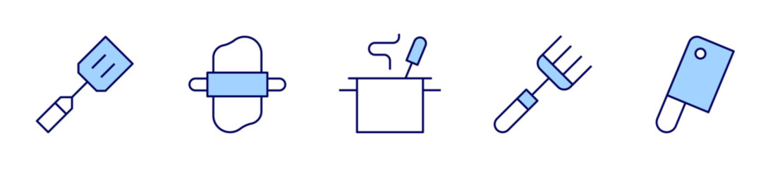 spatula, rolling pin, pot, fork, butcher. Utensil Icon vector illustration. Line Duotone style. Editable stroke