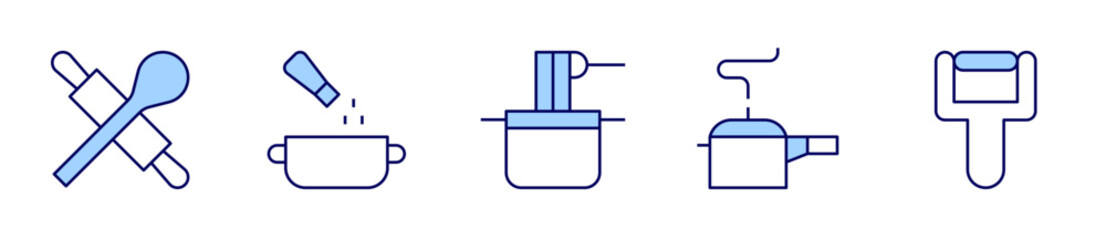 spices, pasta, pressure cooker, peeler, cooking. Utensil Icon vector illustration. Line Duotone style. Editable stroke