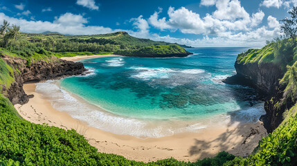Obraz premium Secluded Tropical Beach Cove: Turquoise Waters and White Sand Paradise
