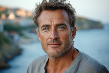 Fototapeta premium Handsome mature man with blue eyes, smiling gently, against a blurred seaside background