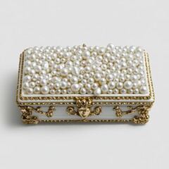 Elegant jewelry box adorned with various sizes of lustrous pearls