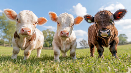 Tranquil countryside scene, three cows grazing in a lush green field three