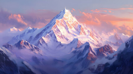 Obraz premium Majestic Snow-Covered Mountain Peak at Sunrise