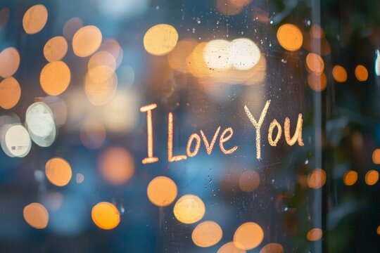 A handwritten message "I Love You" on a window glass with a dreamy bokeh background. 