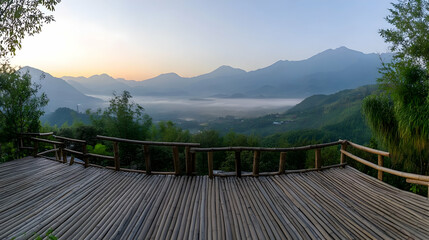 Obraz premium Misty Mountain Sunrise: Panoramic View from a Bamboo Deck