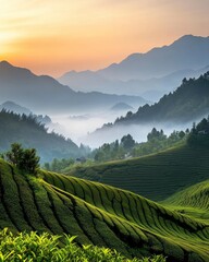 Obraz premium Tranquil Tea Plantation Landscape at Sunrise with Mist Rolling Through Hills
