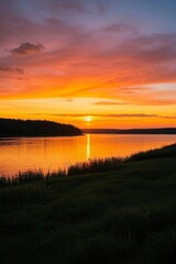 Obraz premium sunset over a lake with a bench and a bench in the foreground