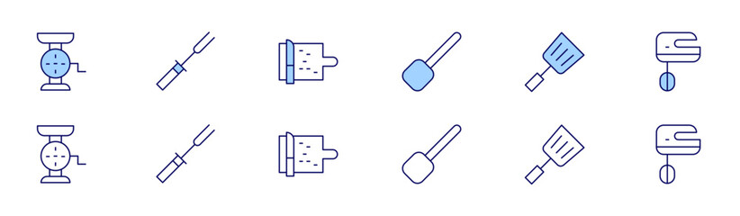 Utensil icon set in two styles, Duotone and Thin Line style. Editable stroke. scoop, meat grinder, spatula, fork, cutting board, mixer