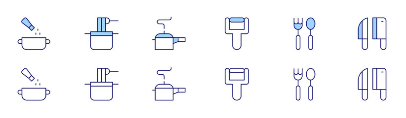 Utensil icon set in two styles, Duotone and Thin Line style. Editable stroke. spices, pasta, pressure cooker, peeler, cutlery, knives