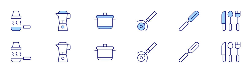 Utensil icon set in two styles, Duotone and Thin Line style. Editable stroke. pizza cutter, hood, peeler, mixer, cutlery, cooking pot