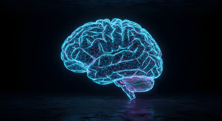 An advanced AI neural network visualized as a glowing digital brain in a dark room