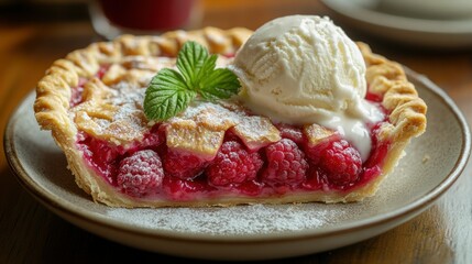 Raspberry pie slice with ice cream