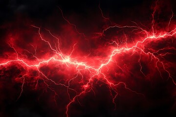 Dynamic abstract composition of red lightning bolts forming intricate patterns against stark black background high voltage energy concept