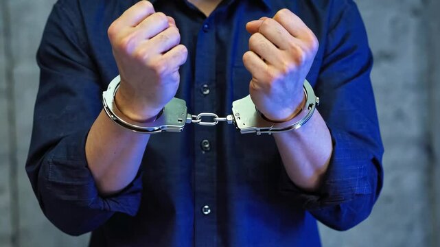 Close up view of man in handcuffs with hands clenched and raised