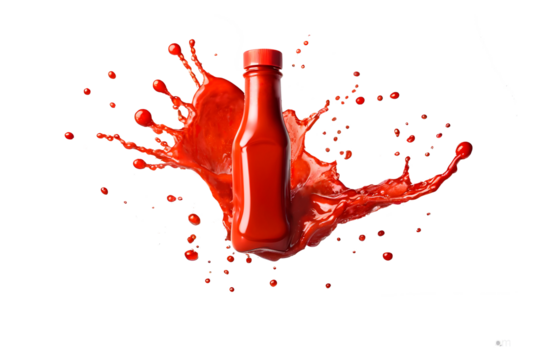 red bottle with tomato in tomato splashes