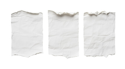 Set of Three Vertical Torn Wrinkled Paper Sheets Isolated  on a transparent background
