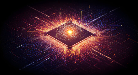 An AI algorithm represented as complex geometric patterns and glowing code lines on a digital canvas