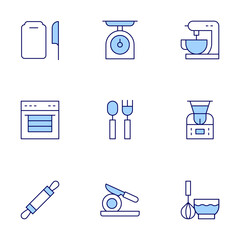 Utensil icons set. Line Duotone style, editable stroke. rolling pin, cutting board, cutting, oven, scale, cutlery, whisk, robot, mixer