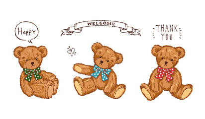 水玉模様のリボンをつけたテディベアが並んでいるイラスト 白い背景 ベクター あしらい