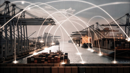 A futuristic depiction of tariffs using holographic trade graphs over a shipping port, visualizing fluctuating costs and economic restrictions in a digital finance landscape.