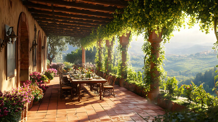 Fototapeta premium Tuscan Villa with Vineyard View: Picturesque Outdoor Dining