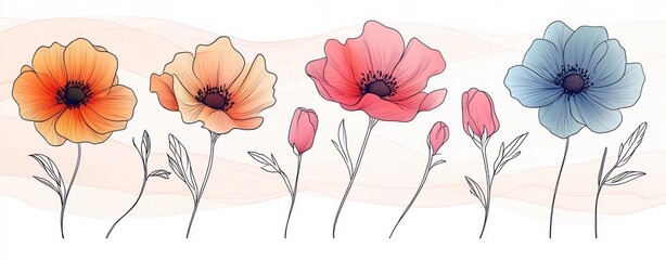 Minimalist Continuous Line Art Floral Illustration with Pastel Colors and Clean Outlines