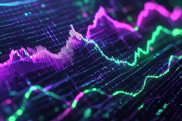 Rising financial graph in a glowing neon grid sharp green and purple lines sleek digital interface futuristic stock market vibe vibrant data flow bold investment energy