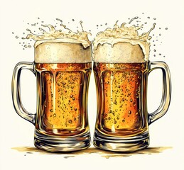 Beer Mug Toasting Celebration Cheers Clink Foam Splash Illustration Vector