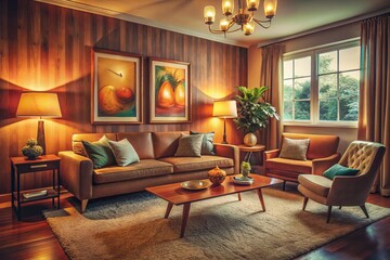 Fototapeta premium Vintage Cozy Living Room with Vibrant Abstract Wall Art - Stock Photo