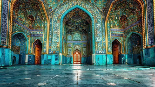A large, ornate building with blue walls and gold accents