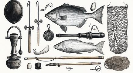 Fishing Equipment Vintage Illustration Fishing Rod Hooks Floats Nets Angler Tackle Sport Collection
