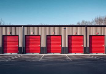 Red garage doors align in a neat row at a storage unit facility, showcasing a clean and organized space under a clear sky