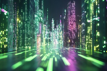 Rising financial graph in a glowing neon grid sharp green and purple lines sleek digital interface futuristic stock market vibe vibrant data flow bold investment energy