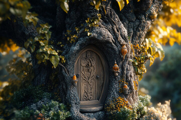 Fototapeta premium Wooden door carved into a tree trunk surrounded by autumn leaves in a forest setting