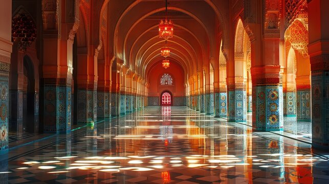 A long hallway with a red door in the middle