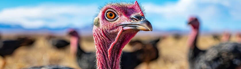 Majestic turkey portrait, a closeup against the sky closeup