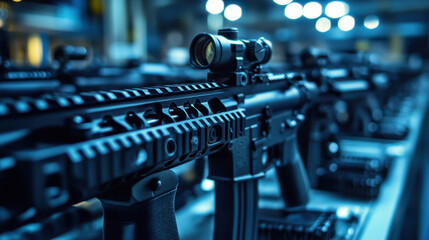 Naklejka premium Rows of firearms are showcased in a contemporary weapons showroom, emphasizing their intricate designs and high-tech components
