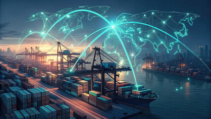 A futuristic depiction of tariffs using holographic trade graphs over a shipping port, visualizing fluctuating costs and economic restrictions in a digital finance landscape.
