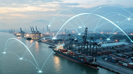 A futuristic depiction of tariffs using holographic trade graphs over a shipping port, visualizing fluctuating costs and economic restrictions in a digital finance landscape.
