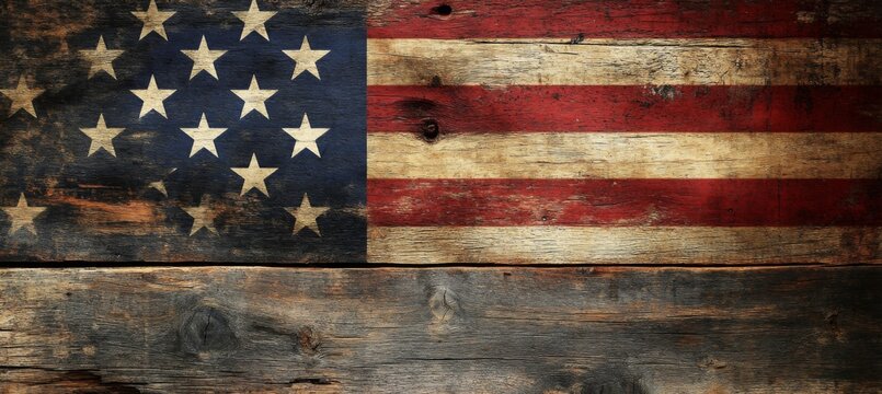 Labor rights advocacy concept with wrinkled American flag on splintered lumber, optimized for protest march banners, workers' strike social media templates, or union fundraiser flyers. High-contrast l