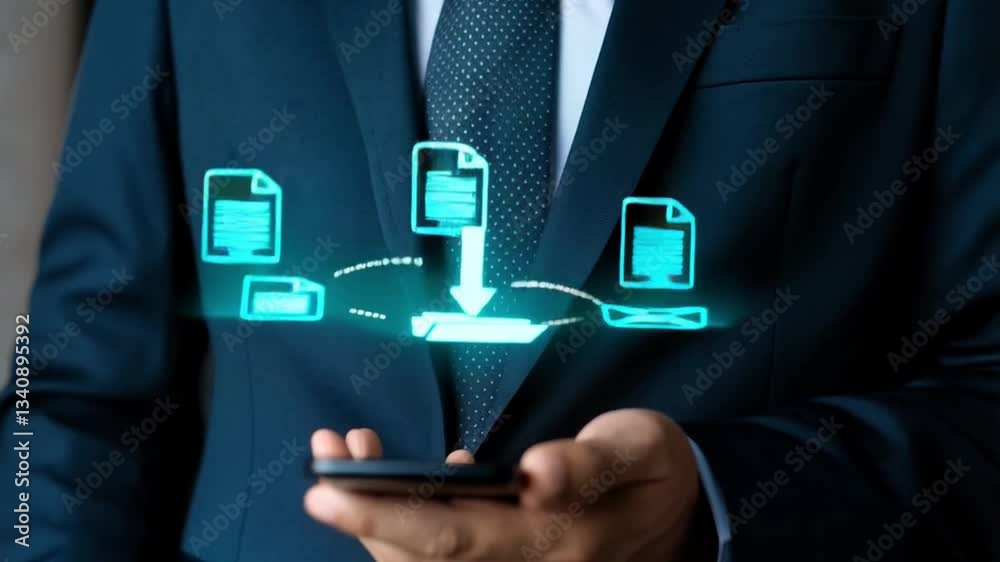 Poster Seamless Data Transfer: Mobile Cloud Solutions for Business. Secure Backups, Optimized Workflow, Digital File Sharing, Uploads, Technology, Business  