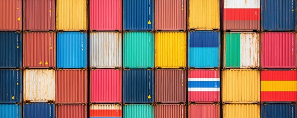 Fototapeta premium Import Tariffs trade impact concept. Colorful shipping containers stacked in a vibrant pattern.