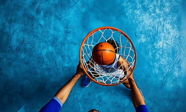 Dynamic overhead shot of a basketball player dunking the ball into the net.