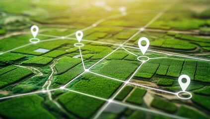 Digital Map of Rice Fields with White Location Pins, Connected to Technology Icon, Aerial Perspective, Wide-Angle Lens, Soft Lighting, Green Background, Bright Colors, Detailed