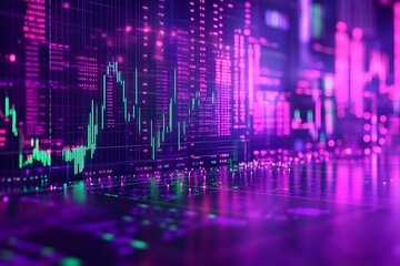 Rising financial graph in a glowing neon grid sharp green and purple lines sleek digital interface futuristic stock market vibe vibrant data flow bold investment energy