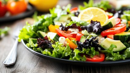 Fresh healthy salad with avocado, cucumber, tomato, lemon and lettuce on black plate